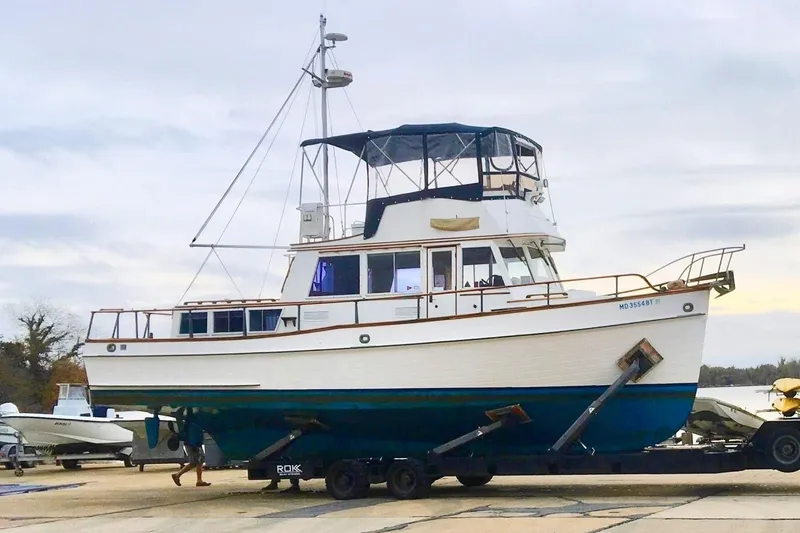 Slide: The Image of 1981 Grand Banks 36 Classic yacht on trailer, ready for transport. - 6