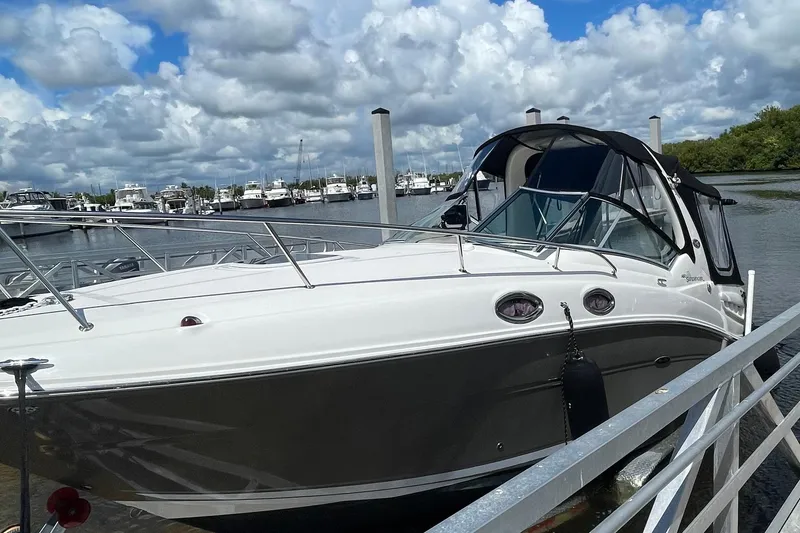 Slide: The Image of 2006 Sea Ray Sundancer 260 docked at a marina under a cloudy sky. - 13
