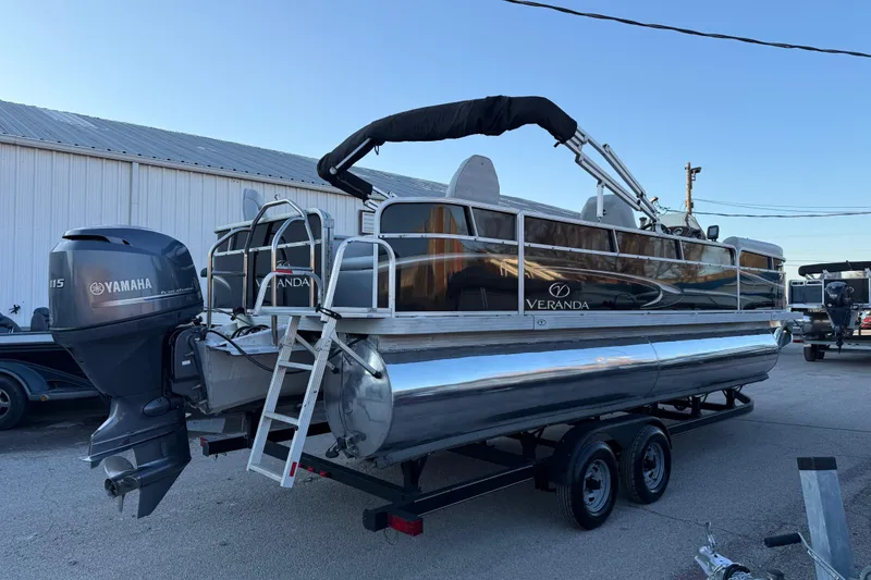 Slide: The Image of 2014 Veranda Fishing V2075-F2 pontoon boat with Yamaha motor on trailer. - 17