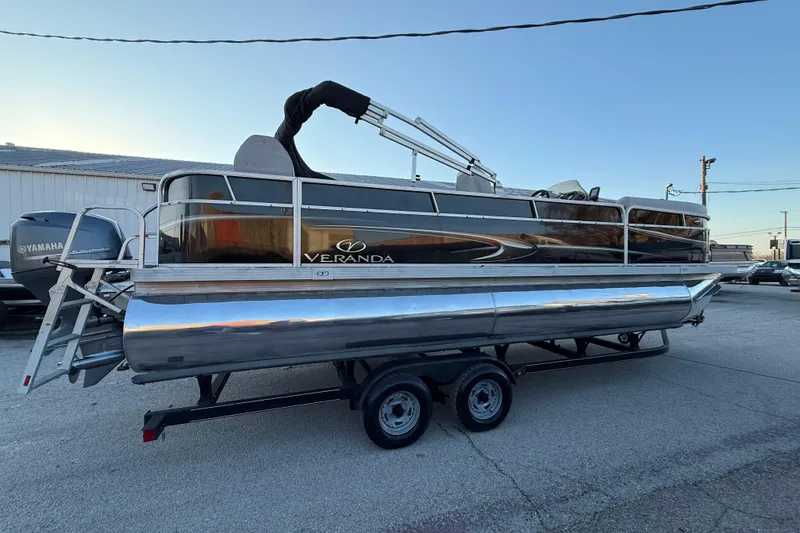 Slide: The Image of 2014 Veranda Fishing V2075-F2 pontoon boat on trailer, side view. - 18