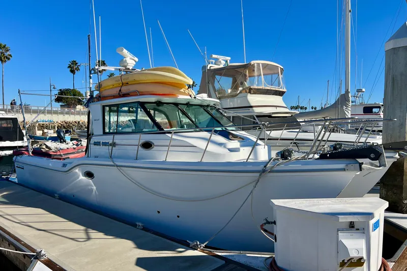 The Image of 1998 Baha Cruisers 340 CAT docked at marina, featuring kayaks on roof. - 1