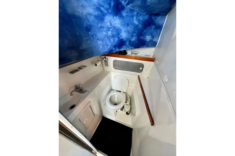Slide: The Image of 1998 Baha Cruisers 340 CAT boat bathroom with sink and toilet, featuring blue ceiling. - 52