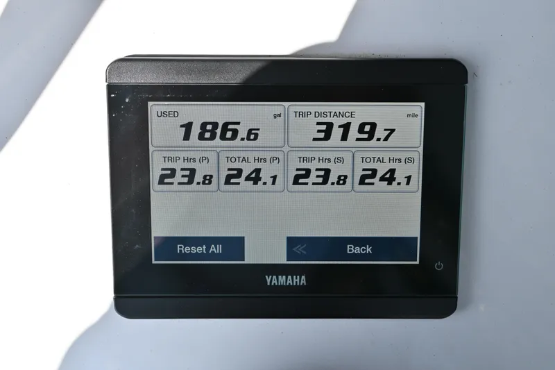 Slide: The Image of Yamaha display showing fuel usage and trip data for 2024 Sea Hunt Gamefish 28. - 20
