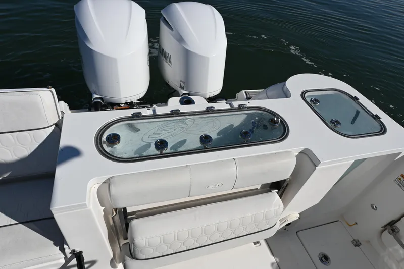 Slide: The Image of 2020 Sea Fox 288 Commander boat with dual Yamaha engines and sleek seating. - 14