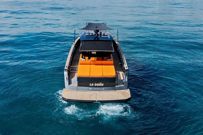 Slide: The Image of 2023 Pardo Yachts 50 cruising on clear blue water, featuring sleek design and luxury amenities. - 11