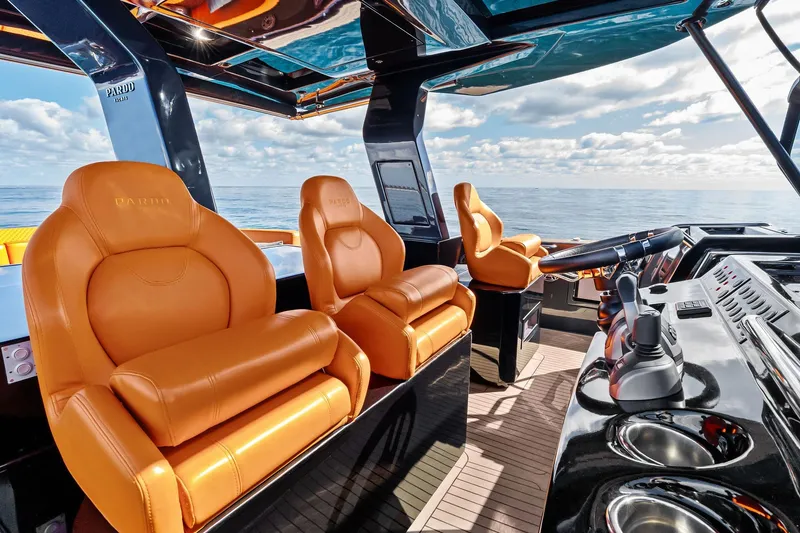 Slide: The Image of Stainless steel cabinet on 2023 Pardo Yachts 50, reflecting sunset and sky. - 27