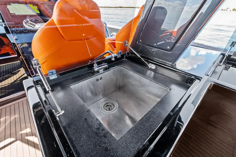 Slide: The Image of Luxurious 2023 Pardo Yachts 50 with elegant seating and ocean view under a sunny sky. - 30