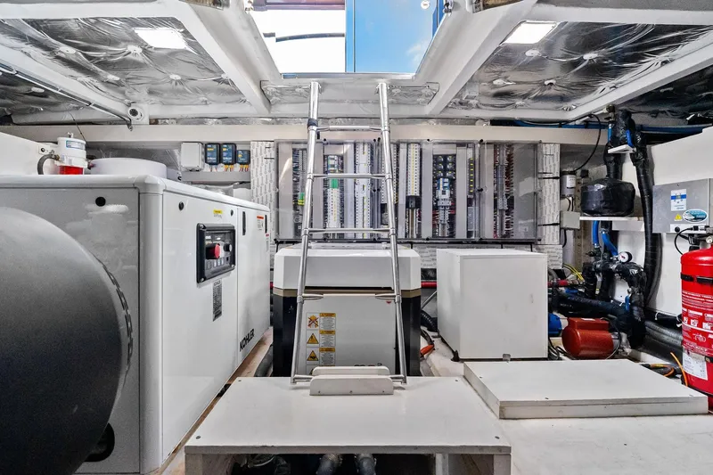 Slide: The Image of Engine room of 2023 Pardo Yachts 50, featuring advanced machinery and insulation. - 45