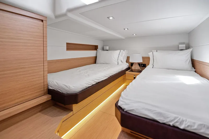 Slide: The Image of Luxurious cabin interior of 2023 Pardo Yachts 50 with twin beds and modern design. - 43