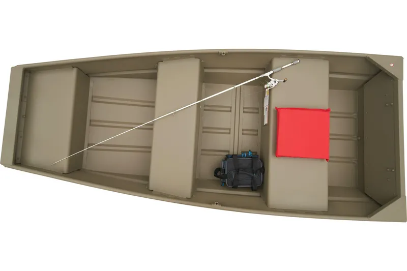 Slide: The Image of 2026 Tracker Grizzly 10 Jon boat on snowy ground, showcasing interior seating and design. - 2