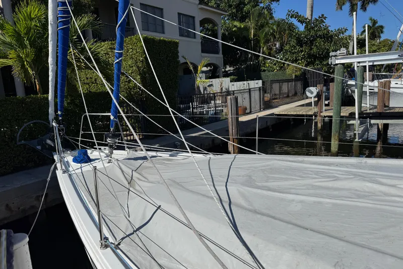 Slide: The Image of 2019 Beneteau Oceanis 41.1 sailboat docked, covered, with lush greenery background. - 1