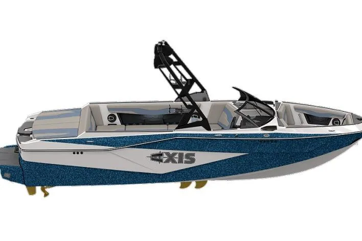 Slide: The Image of 2025 Axis T235 boat with sleek blue and white design, featuring modern wakeboard tower. - 3
