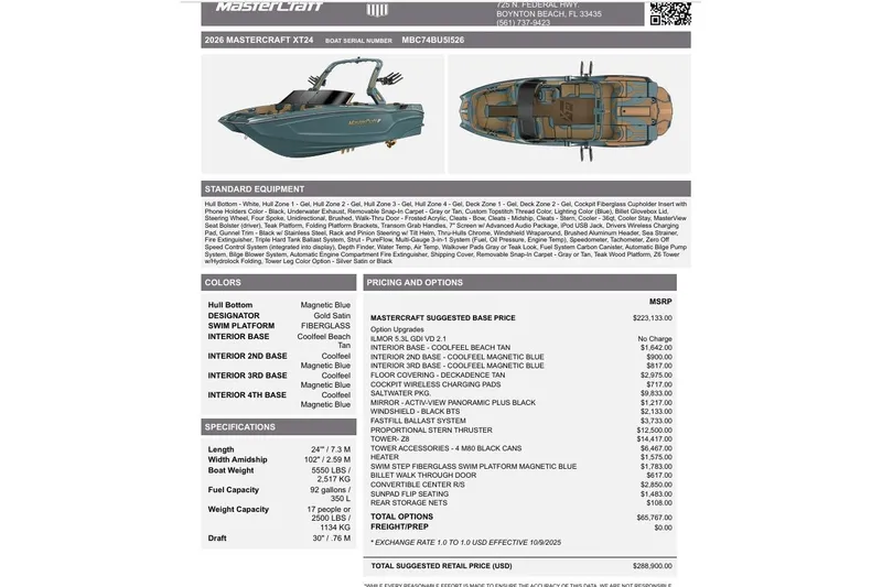 Slide: The Image of 2026 MasterCraft XT24 boat brochure with specifications, pricing, and color options. - 14