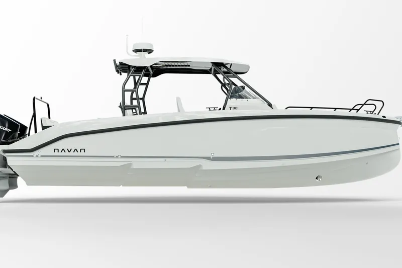 Slide: The Image of Navan T30 2026 boat, sleek white design, side view, modern features. - 1