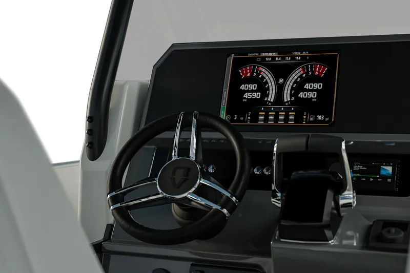 Slide: The Image of Steering wheel and dashboard of 2026 Navan T30 boat with digital display. - 11