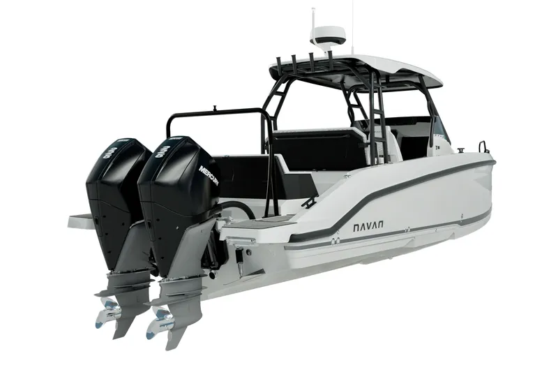 Slide: The Image of 2026 Navan T30 boat with dual Mercury outboard engines, sleek design, and modern features. - 4