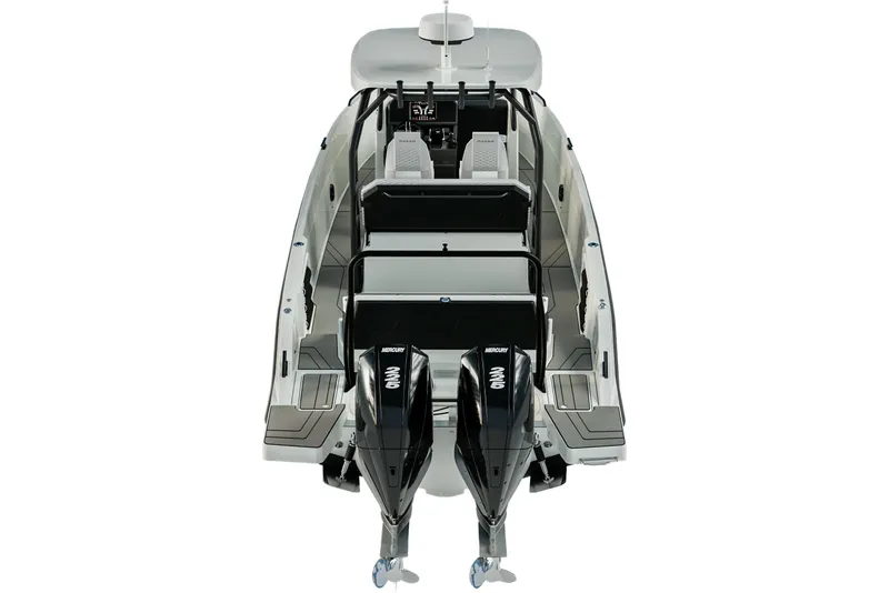 Slide: The Image of Navan T30 2026 boat with dual Mercury engines, rear view. - 5
