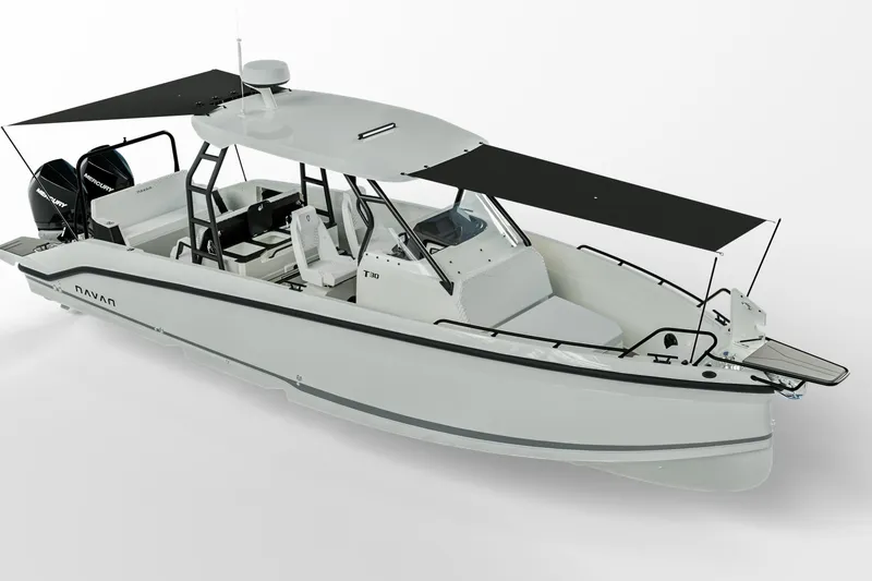 Slide: The Image of 2026 Navan T30 boat with sleek design and dual engines, featuring spacious seating and canopy. - 8