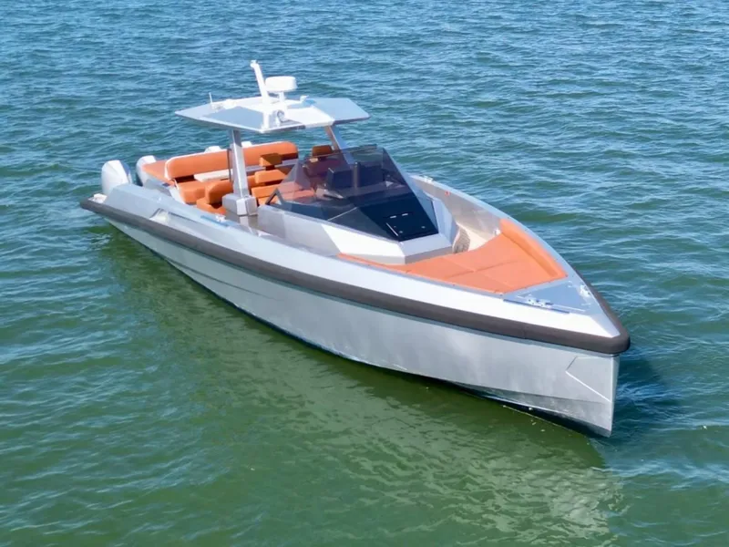 Slide: The Image of 2023 Wally 48 X luxury yacht on calm blue water. - 4