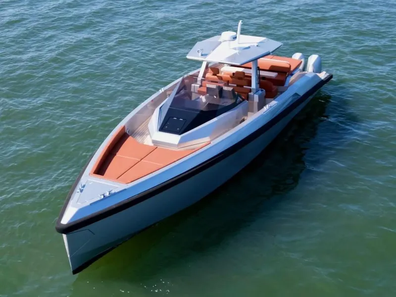 Slide: The Image of 2023 Wally 48 X luxury yacht on calm water, featuring sleek design and spacious deck. - 13