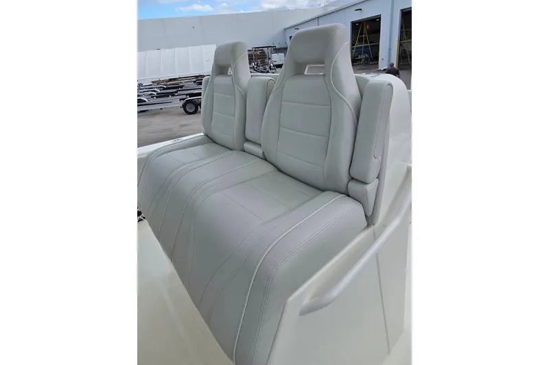 Slide: The Image of 2022 SeaVee 340Z boat with luxurious white leather seating. - 25