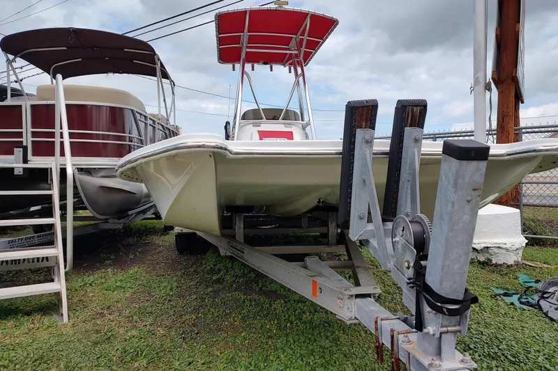 Slide: The Image of 2016 Fat Cat 21 boat on trailer beside pontoon, under cloudy sky. - 8