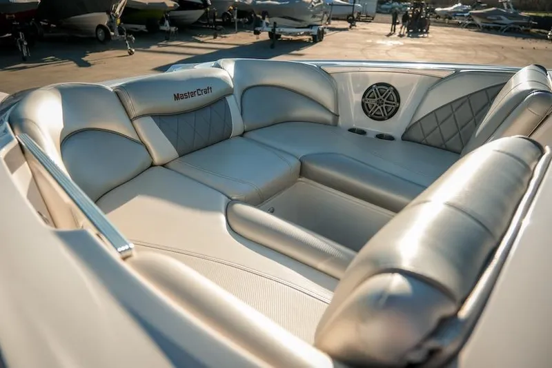 Slide: The Image of 2013 MasterCraft X-2 boat interior with luxurious seating and speaker system. - 17