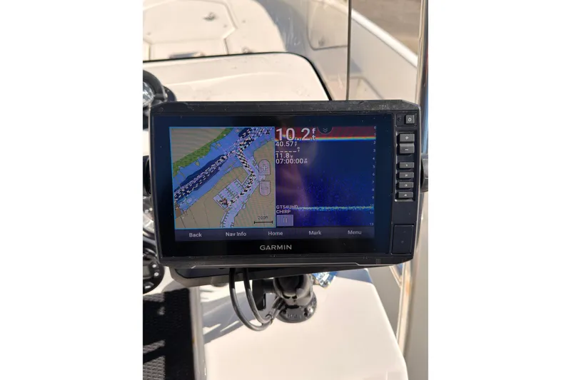Slide: The Image of Garmin GPS display on 2023 Trophy T-18 boat, showing navigation and depth information. - 11