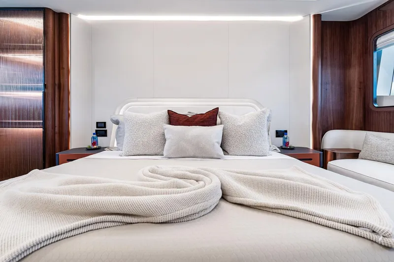Slide: The Image of Luxurious bedroom interior of 2025 Aquitalia 78 Fly yacht with elegant bedding. - 24