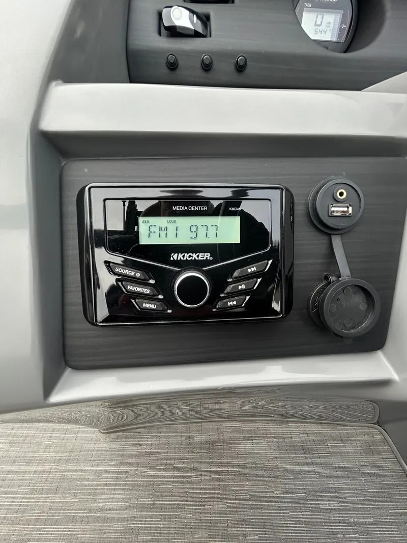 Slide: The Image of Kicker media center in a 2023 Bennington 23 LSB boat. - 6