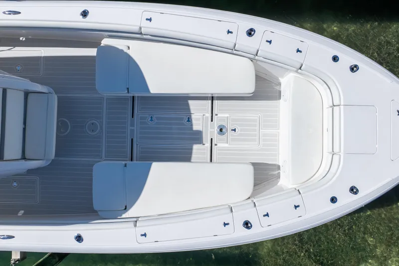 Slide: The Image of 2015 Intrepid 400 Center Console boat, aerial view of seating and deck layout. - 9