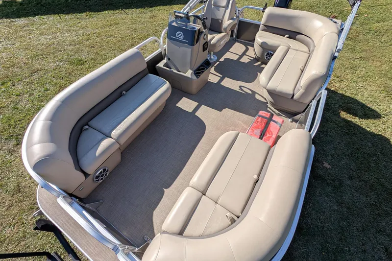 Slide: The Image of 2025 Sun Tracker Party Barge 16 DLX with spacious seating and modern design. - 10