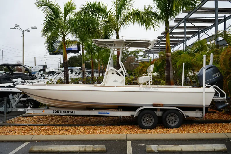 The Image of 2017 Skeeter SX230 boat on trailer, surrounded by palm trees in a dealership lot. - 1
