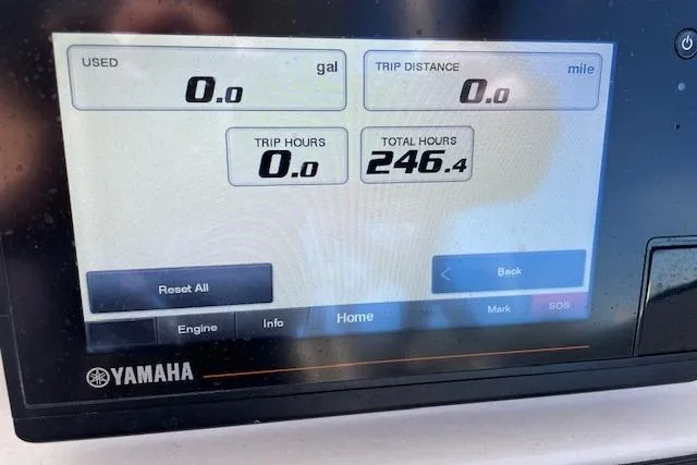 Slide: The Image of Yamaha display on 2022 Grady-White Freedom 235 showing trip and engine data. - 23