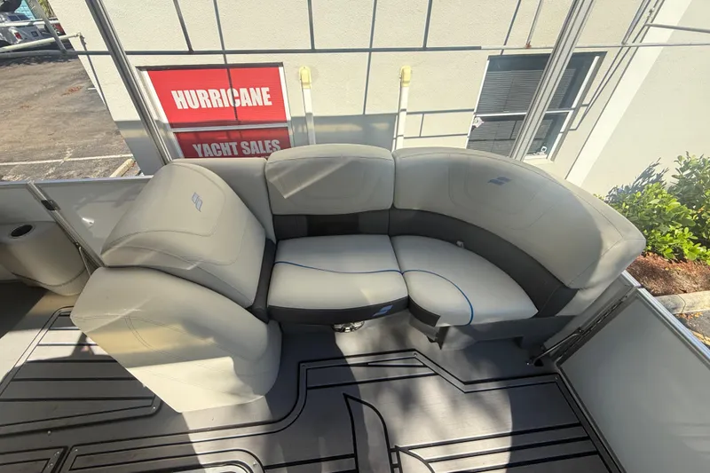 Slide: The Image of 2023 Starcraft SLS 3 Q DH boat interior with gray seating and modern design. - 19