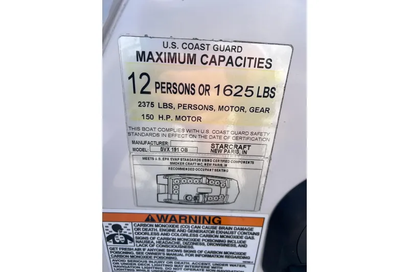 Slide: The Image of Starcraft SVX 191 OB 2022 boat capacity label, 12 persons or 1625 lbs, 150 HP motor. - 15