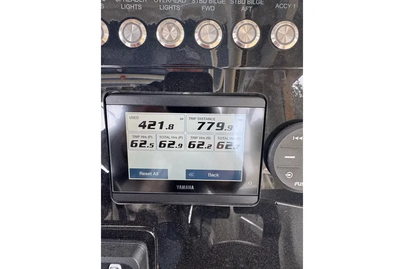 Slide: The Image of Yamaha display on 2023 World Cat 280 DC-X showing fuel usage and trip data. - 16