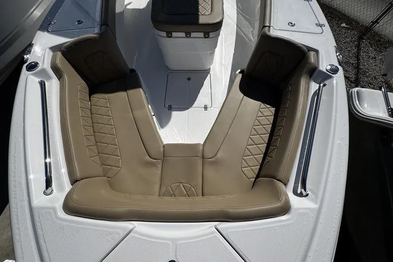 Slide: The Image of 2026 Blazer Bay Makaira 2800 boat interior with tan cushioned seating. - 5