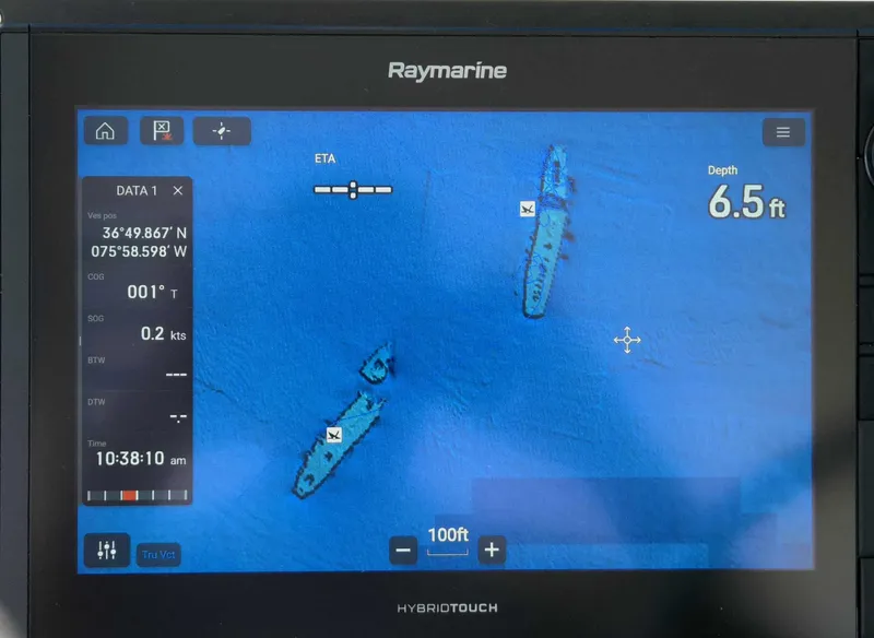 Slide: The Image of Raymarine sonar image showing shipwrecks, depth 6.5 feet, Rampage 38 Express 2002. - 31