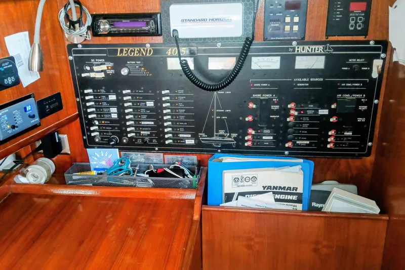 Slide: The Image of Control panel of a 1994 Hunter Legend 40 sailboat with navigation and electrical systems. - 25