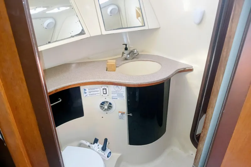 Slide: The Image of Bathroom interior of 1994 Hunter Legend 40 sailboat with sink and toilet. - 26