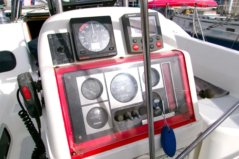 Slide: The Image of Control panel of a 1994 Hunter Legend 40 sailboat with navigation instruments. - 6