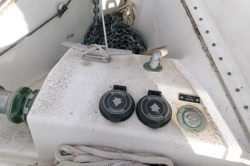 Slide: The Image of Anchor chain and controls on 1994 Hunter Legend 40 sailboat deck. - 9