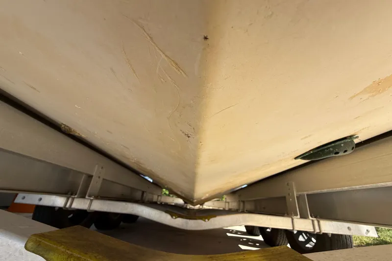 Slide: The Image of Underside view of 2008 Intrepid 377 Walkaround boat on trailer. - 192