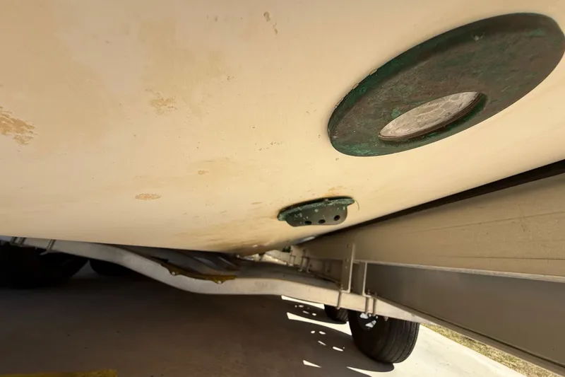 Slide: The Image of Underside view of 2008 Intrepid 377 Walkaround boat on trailer. - 196