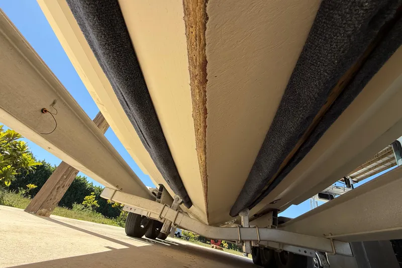 Slide: The Image of Underside view of 2008 Intrepid 377 Walkaround boat on trailer. - 199