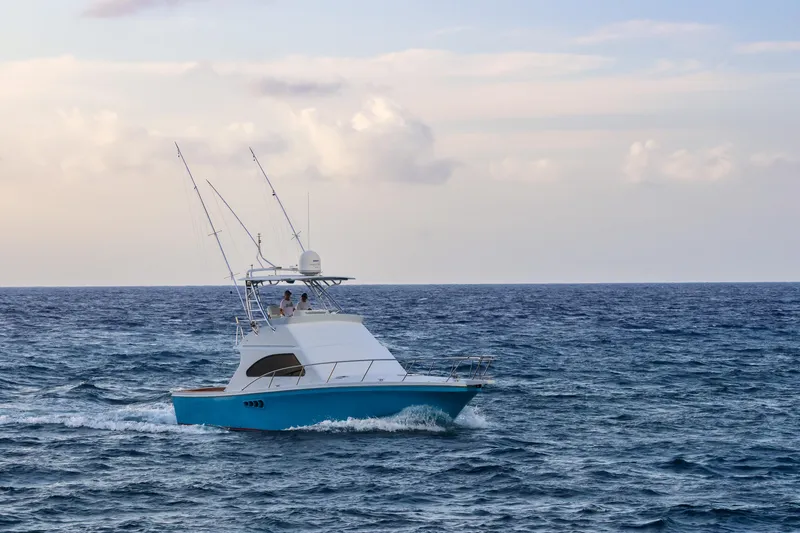 Slide: The Image of A 2001 Black Watch 40 yacht cruising on the ocean under a cloudy sky. - 5