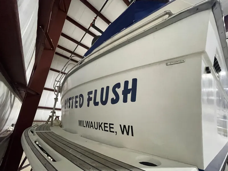 Slide: The Image of 1979 Viking 43 Double Cabin boat named "Busted Flush" in storage, Milwaukee, WI. - 11