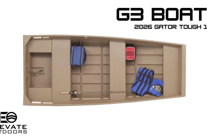 Slide: The Image of Top view of 2026 G3 Gator Tough 1036 boat with gear and life jackets. - 6