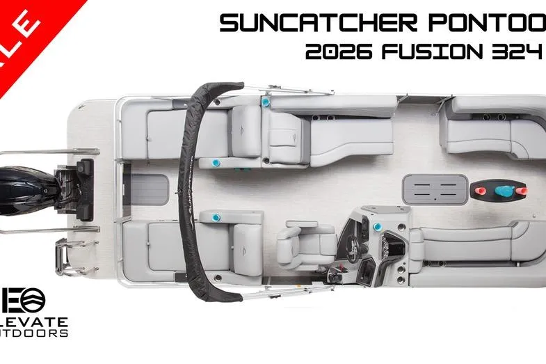 The Image of Top view of 2026 SunCatcher Fusion 324SS pontoon boat, showcasing spacious seating layout. - 0